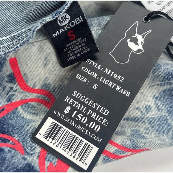 Makobi Men Small Denim Jean Jacket Acid Wash Light Blue Painted Distressed M1052 - Picture 2 of 11